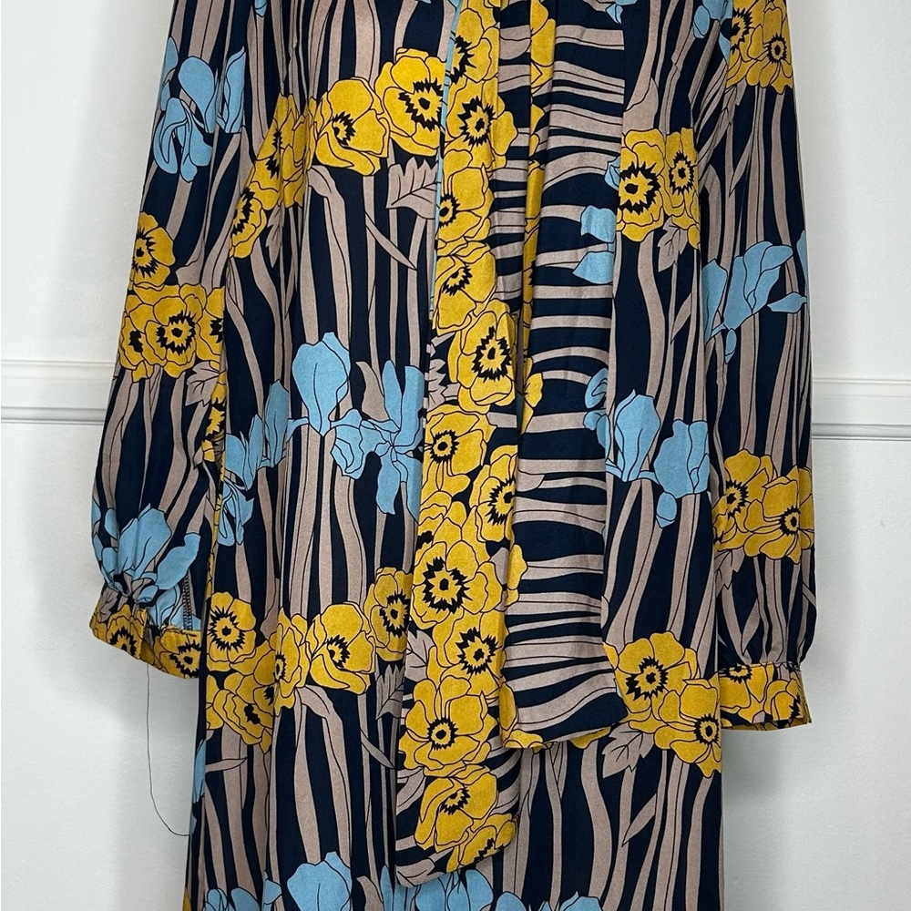 Floral Long-Sleeve Dress with Yellow and Blue Accents